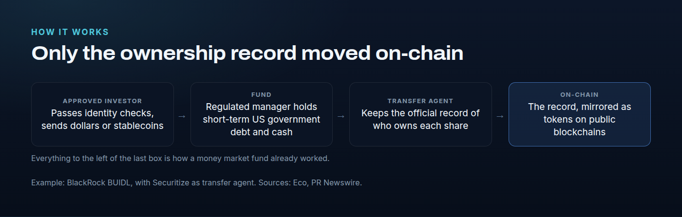 How a tokenized Treasury fund works. An approved investor passes identity checks and sends dollars or stablecoins to the fund. The fund, run by a regulated asset manager, holds short-term US government debt and cash. A transfer agent records ownership, and that record is mirrored as tokens on public blockchains. Only the ownership record is on-chain; the assets, the manager and the rules are the same as a normal money market fund.